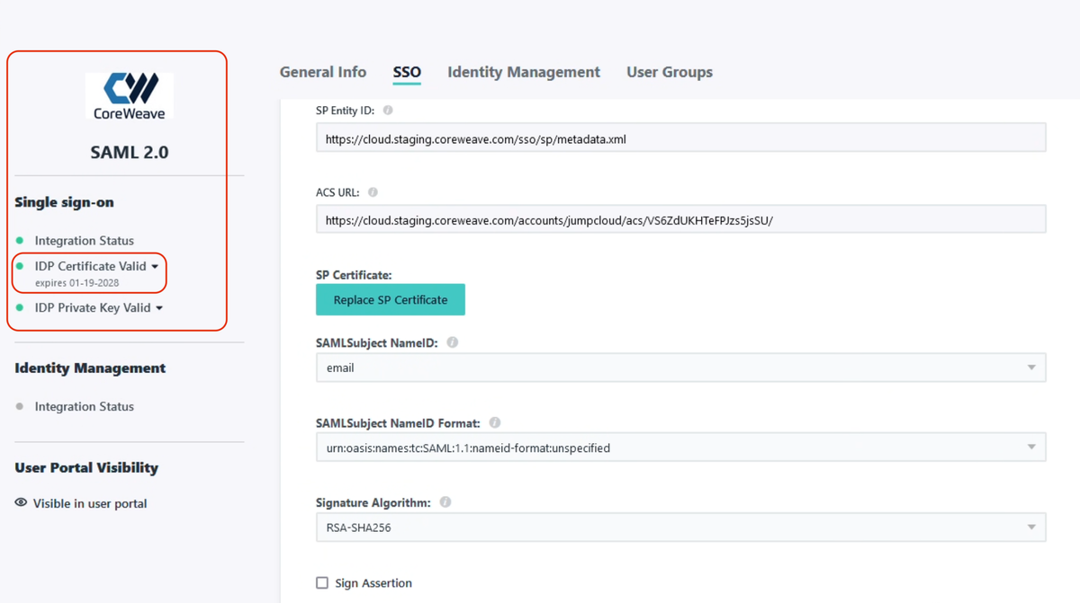 The certificate status is found on the left-hand side of the SSO configuration box